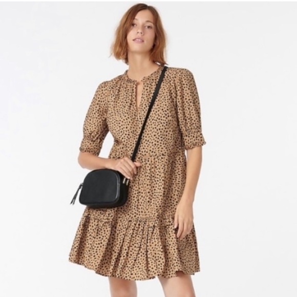 J Crew Swing Dress - Mini Ruffled Tiered Dotted Tan and Black Loose Fit Leopard - Picture 3 of 11